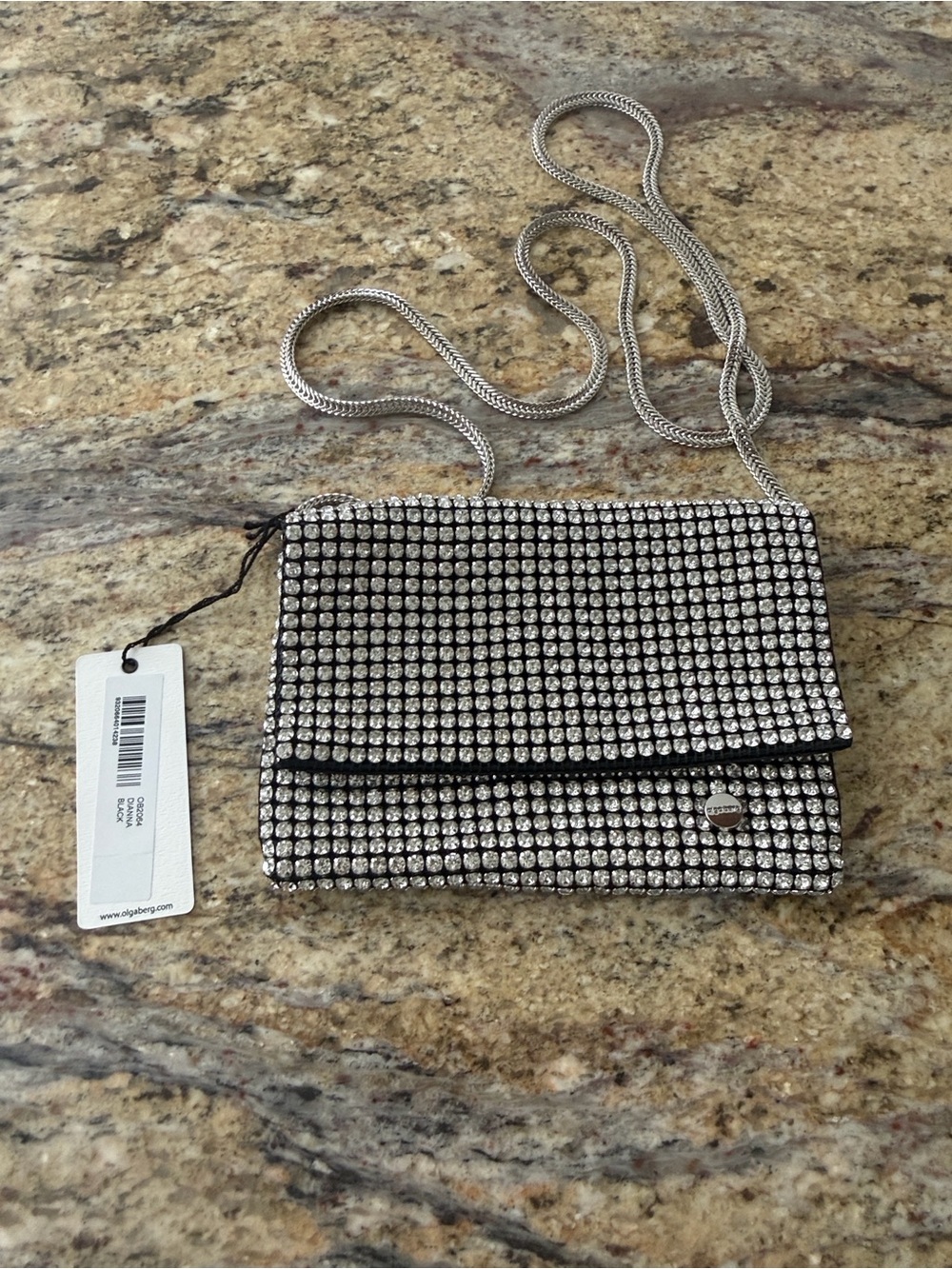 OLGA BERG Silver Rhinestone Chain Crossbody Bag